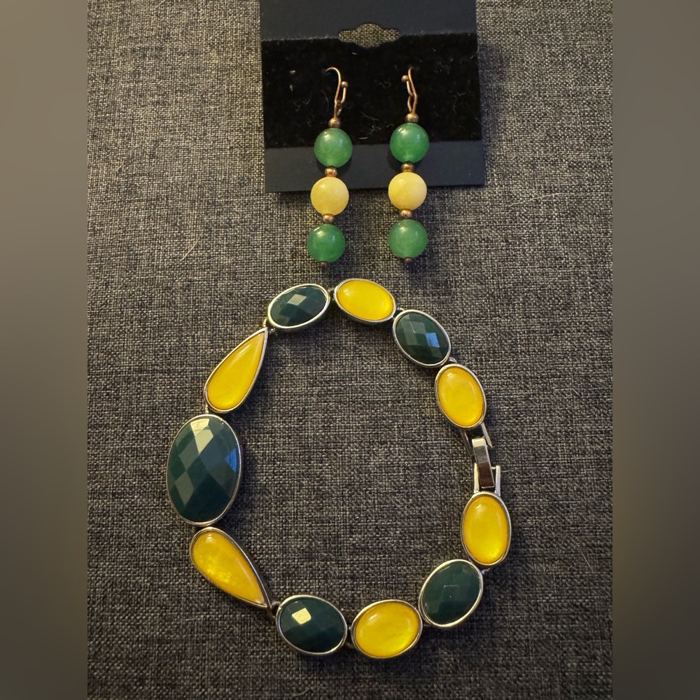 Lia Sophia Green Yellow Bracelet Jade Whi Stone Earrings Oregon Ducks Colors!!